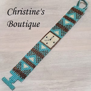 Handcrafted Bracelet, Glass Seed Beads, Stuck in Time 5:00, Watch Style, Peyote Stitch Bracelet, Watch Bracelet Turquoise Southwest look