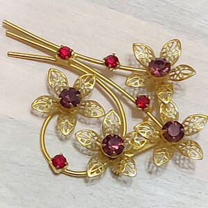 Vintage Brooch, Vintage Pin, Dark Amethyst, Red Rhinestone Goldtone Flowers Pin Bouquet Pin Brooch Goldtone Filigree Flowers