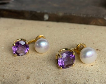Amethyst and white freshwater Pearl earrings with 18 Kt yellow Gold, pearl stud earrings, pearl earrings bridesmaid, Italian Jewellery.