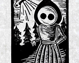 Cryptid lino cut block art print, Flatwoods Monster cryptidcore home gift decor, mythical creatures fantasy cryptozoology art