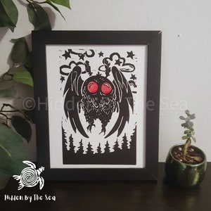 Mothman linocut block art print, Cryptid drawing lino cut art print gift, mythical creature fan art decor image 1