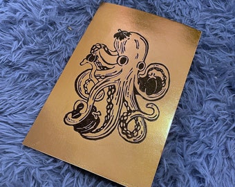 Metallic Black Octopus Drawing Art Print, Ocean animal beach home decor, Coastal wildlife animal art print, octopus lino cut block print