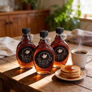 May include: Three glass bottles of maple syrup with black caps and labels, alongside a stack of pancakes drizzled with syrup and a cup of coffee. The bottles have a handle and a label that reads "Maple Syrup". The scene is set on a wooden table.