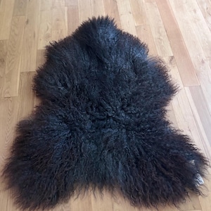 May include: A dark brown, long-haired sheepskin rug with a thick, curly, and textured wool pile. The pelt features an irregular, natural shape with dense, shaggy fibers that create a voluminous appearance across the entire surface of the rug.