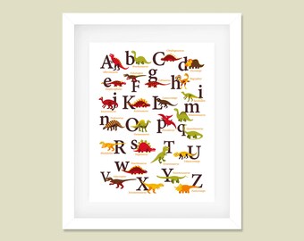 Póster del alfabeto de dinosaurios, impresión para guardería, tema de dinosaurios, descarga instantánea imprimible, póster del alfabeto