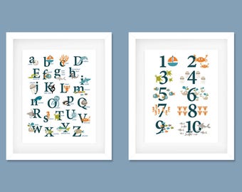 Ocean Alphabet Poster & Matching Numbers, Nursery Print, Ocean theme, Printable instant download