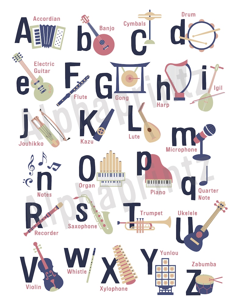 Musical Instruments Alphabet Poster Nursery Print Music Etsy