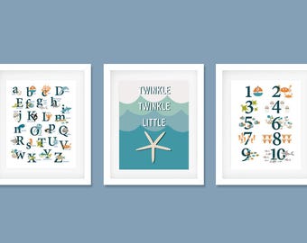Ocean Alphabet Poster, Matching Numbers & Twinkle Twinkle, Nursery Print, Ocean theme, Printable instant download