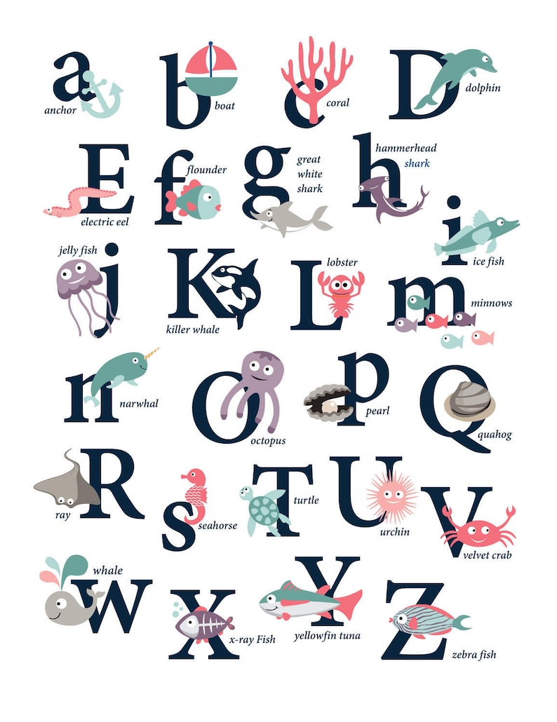 ocean alphabet poster pink nursery print ocean theme etsy