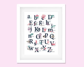 Ocean Alphabet Poster Pink, Nursery Print, Ocean theme, Printable instant download, Alphabet Poster