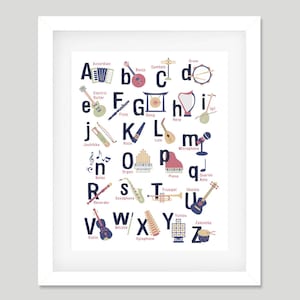 Puede incluir: Un gr&aacute;fico de alfabeto colorido con instrumentos musicales. Cada letra del alfabeto est&aacute; emparejada con un instrumento musical y su nombre. Por ejemplo, A es para Acorde&oacute;n, B es para Bajo, C es para Platillo, D es para Bater&iacute;a, E es para Guitarra el&eacute;ctrica, F es para Flauta, G es para Gong, H es para Arpa, I es para Igit, J es para Jouhikko, K es para Kazoo, L es para La&uacute;d, M es para Micr&oacute;fono, N es para  Notas, O es para &Oacute;rgano, P es para Piano, Q es para  Negra, R es para  Flauta dulce, S es para Saxof&oacute;n, T es para Trompeta, U es para Ukelele, V es para Viola, W es para  Xil&oacute;fono, Y es para  Yimbe, y Z es para  Zambomba.