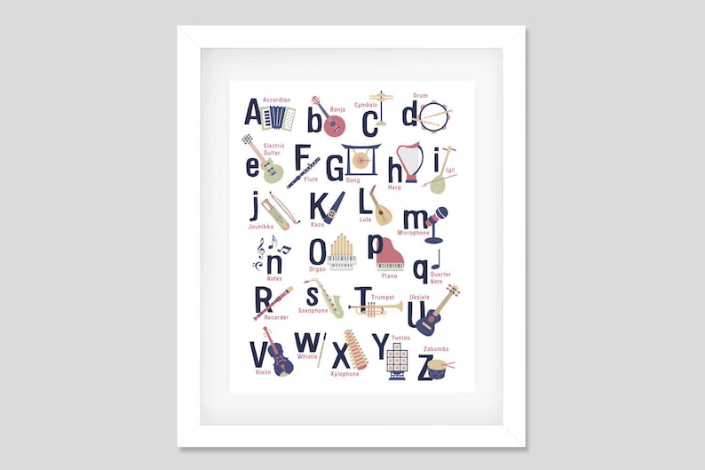 Puede incluir: Un gr&aacute;fico de alfabeto colorido con instrumentos musicales. Cada letra del alfabeto est&aacute; emparejada con un instrumento musical y su nombre. Por ejemplo, A es para Acorde&oacute;n, B es para Bajo, C es para Platillo, D es para Bater&iacute;a, E es para Guitarra el&eacute;ctrica, F es para Flauta, G es para Gong, H es para Arpa, I es para Igit, J es para Jouhikko, K es para Kazoo, L es para La&uacute;d, M es para Micr&oacute;fono, N es para  Notas, O es para &Oacute;rgano, P es para Piano, Q es para  Negra, R es para  Flauta dulce, S es para Saxof&oacute;n, T es para Trompeta, U es para Ukelele, V es para Viola, W es para  Xil&oacute;fono, Y es para  Yimbe, y Z es para  Zambomba.