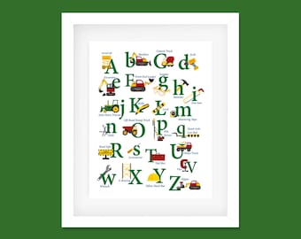 Cartel del alfabeto de la construcción, impresión del vivero, tema de la construcción, descarga instantánea imprimible, póster del alfabeto