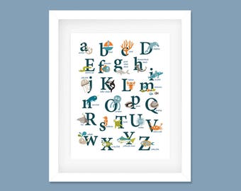 Ocean Alphabet Poster, Nursery Print, Ocean theme, Printable instant download, Alphabet Poster