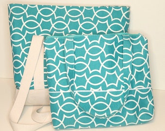 Turquoise geometric print tote bag set | Fully-Lined Plastic Tote bag | Two piece canvas tote bag set | Matching canvas tote bag set