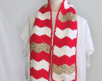 Red White and Tan Chevron Scarf | Scarf for Men Women and Kids | Handmade Crochet Scarf | afghan scarf | Chevron pattern scarf