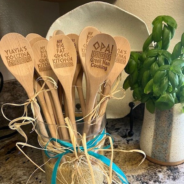 Greek Themed Engraved Wooden Spoon