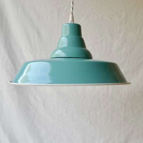 INDUSTRIAL Aqua Green Enamel Lamp, Includes Ceiling Rose, Ready To Install