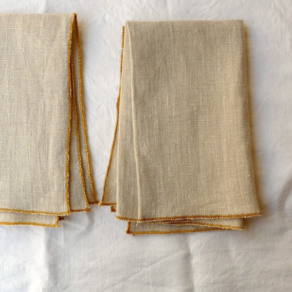 Pure linen mustard yellow edge napkin, Linen napkin gift set