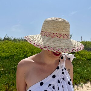 Sombrero de paja con ala rosa: sombrero para el sol hecho a mano con trenza de centeno imagen 4