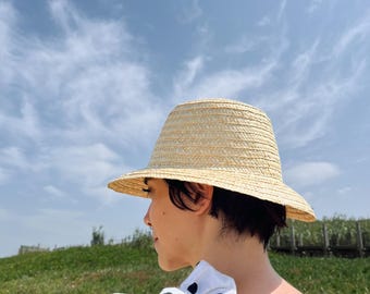 Handmade Rye Straw Bucket Hat: Unisex Round Sun Hat