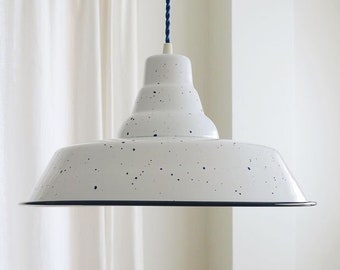 INDUSTRIAL Speckled White Enamel Lamp, includes Ceiling Rose, Ready to install, White and Navy blue lampshade