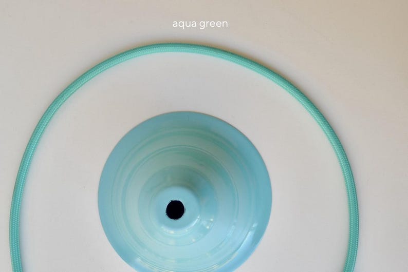 May include: A light blue metal pendant light shade with a circular opening at the center, surrounded by a flexible aqua green fabric-covered electrical cord arranged in a large circle. The text aqua green is printed at the top center.