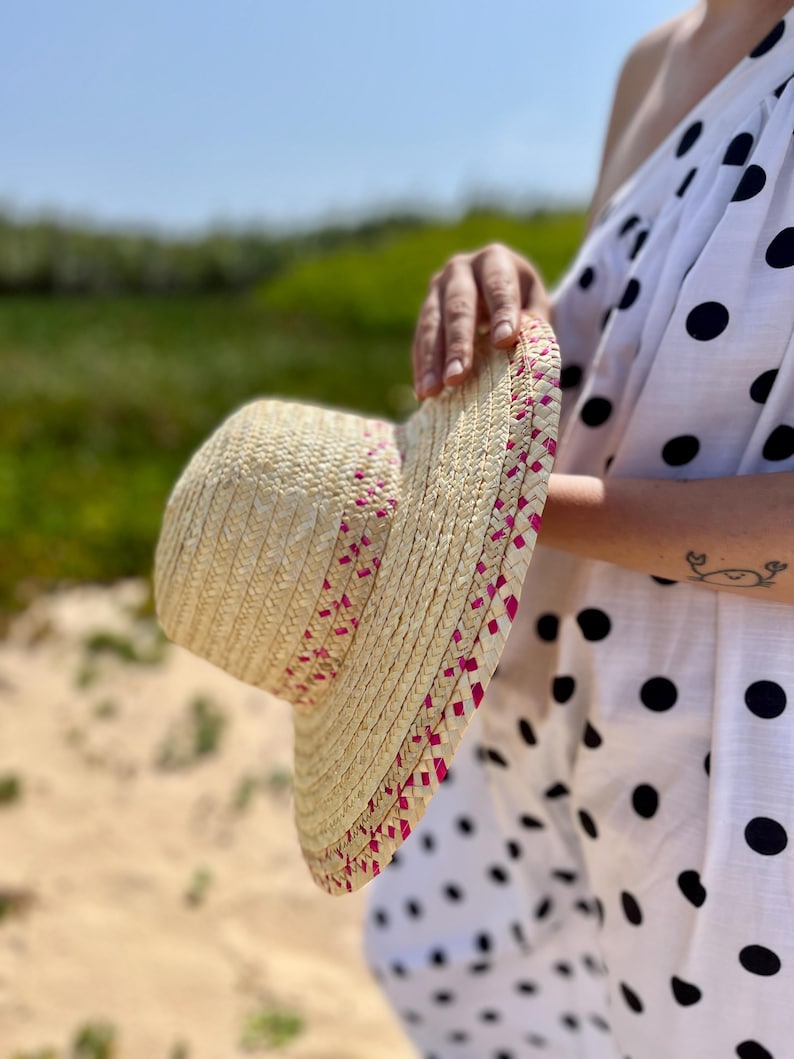 Sombrero de paja con ala rosa: sombrero para el sol hecho a mano con trenza de centeno imagen 5