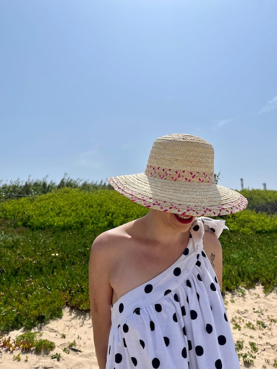 Pink Brim Straw Hat: Handmade Rye Braid Sun Hat
