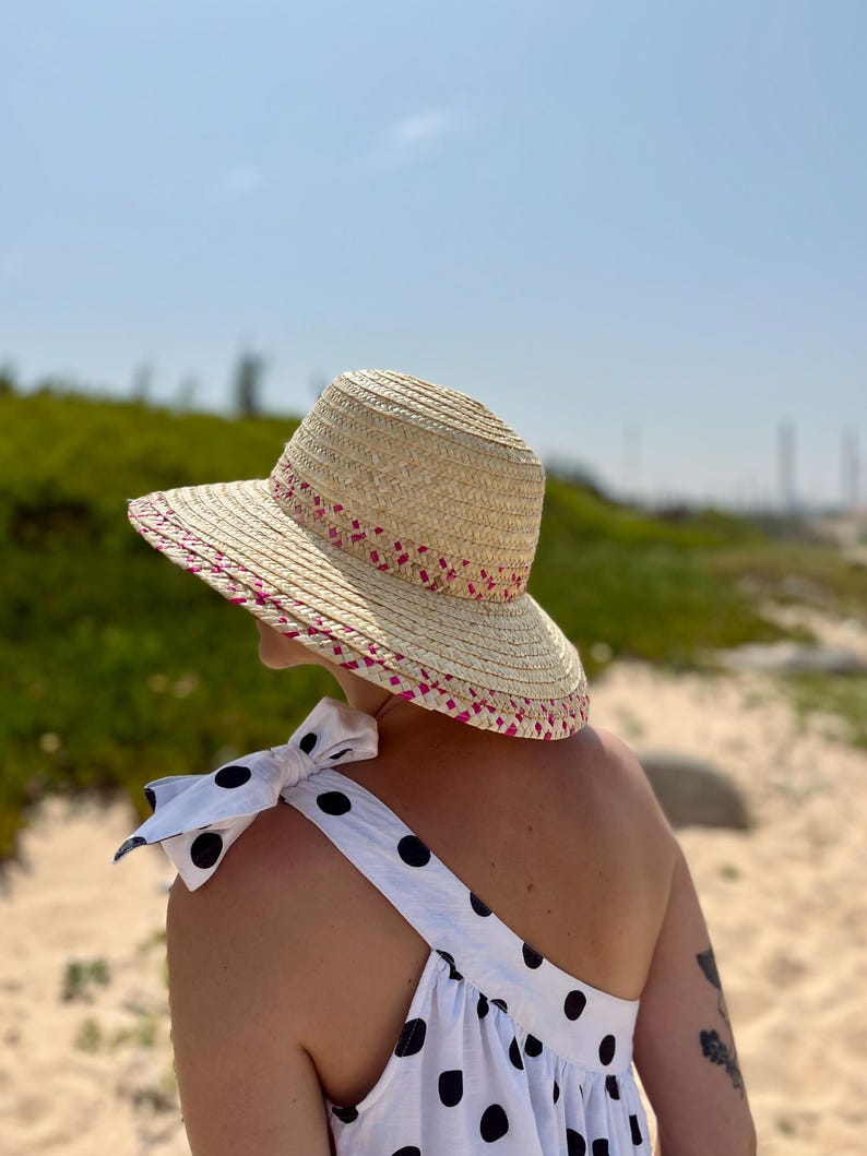 Sombrero de paja con ala rosa: sombrero para el sol hecho a mano con trenza de centeno imagen 2