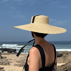 Extra wide brim straw hat, Flat head with ribbon, Large Summer hat, Ready to ship