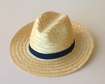 Cappello di paglia Panama fatto a mano: cappello estivo unisex con nastro blu navy