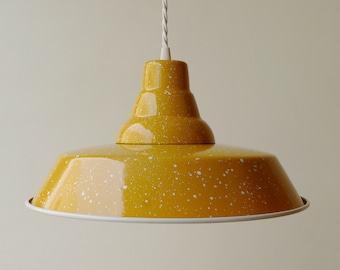 INDUSTRIAL Mustard Speckled Lampshade, Enamel Lamp made to order in Ochre and White, Includes Ceiling Canopy, Ready to install