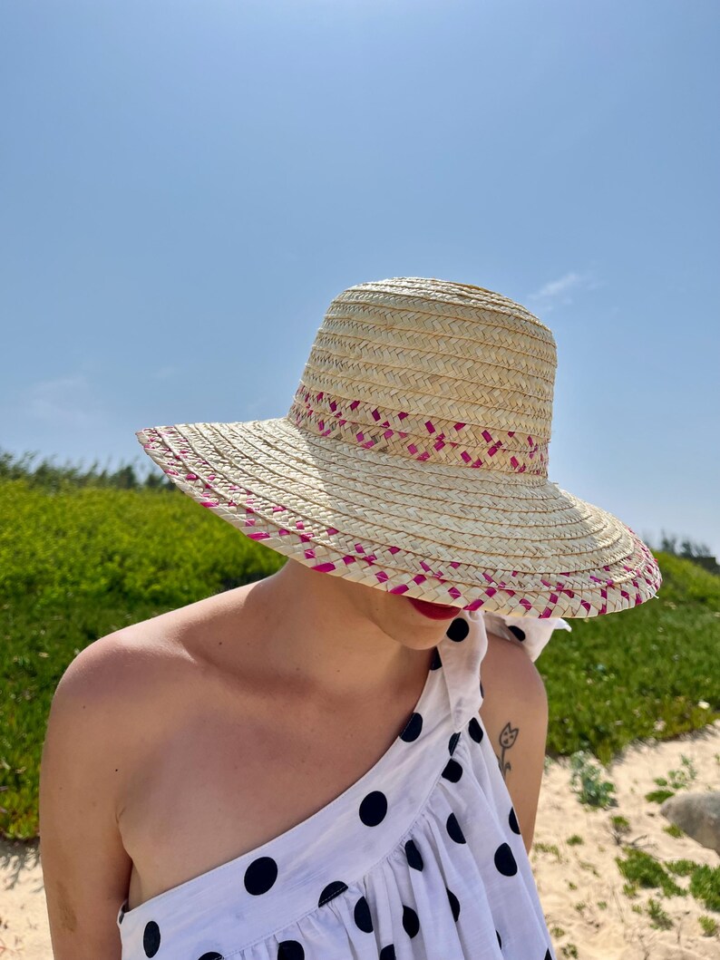 Sombrero de paja con ala rosa: sombrero para el sol hecho a mano con trenza de centeno imagen 3