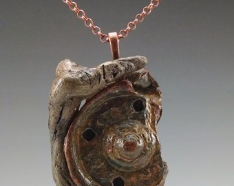Industrial Jewelry, Found Metal Necklace: Driftwood and Metal Pulley found along the Lake Ontario Shoreline , Pulley Necklace #1