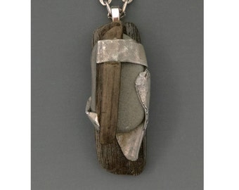 Sculptural Jewelry , Necklace : Lake Ontario Driftwood, Beach Stone and Found Metal Pendant, 'Boundaries' by Deborah Smith