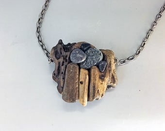 Sculptural Jewelry, Wearable Art, Great Lakes, Necklace: Made from Lake Ontario Driftwood and Beach Stone, 'Dockside' by Deborah Smith