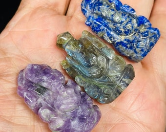 Mini Labradorite, Lapis Lazuli, Amethyst Ganesha Statue with crystal info card  Remover of obstacle TC71