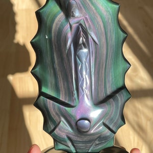 Obsidiana Arco Iris Nuestra Señora de Guadalupe Santa Virgen María Altar pieza TR22 con tarjeta de información de cristal