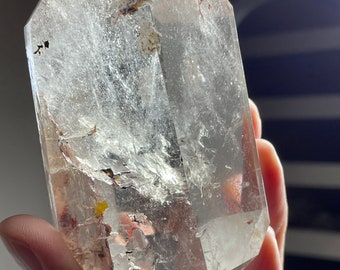 Large 4" Brazilian Clear Quartz DT Generator Master healer with hematite inclusions and crystal info card S81Q