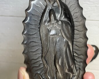 Silver Sheen Black Obsidian Our lady of Guadalupe Mary medallion P77B with crystal info card