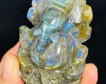 Flashy blue Labradorite Ganesha Statue with crystal info card V28X Remover of obstacle