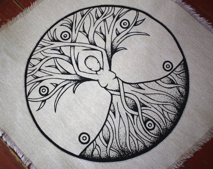 Featured listing image: Sacred Geometry Tree of Life Goddess Crystal Grid Altar Cloth 15" x 15" Hand printed *Free shipping