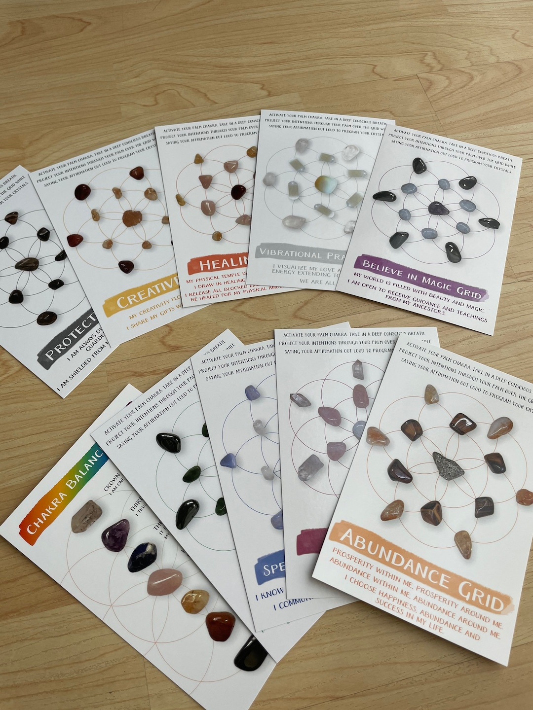 Pack of 10 Wholesale Crystal Grid Cards With Instructions and Affirmation CRYSTALS NOT INCLUDED