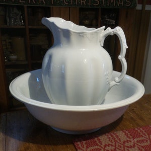 Antique White IRONSTONE PITCHER BOWL, Wash Basin Set, Farmhouse