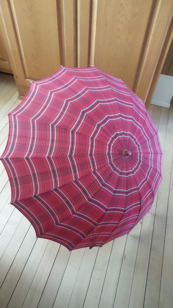 Vintage RED & BLACK Plaid UMBRELLA with Red Bakel… - image 1