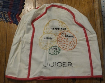 Antique Vintage Embroidered Fabric JUICER COVER, Lime, Lemon, Orange, Grapefruit, Red Bias Trim