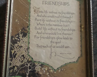 Antique Verse Motto Print FRIENDSHIPS Poem by Molly Haley, Framed, 7-1/4" x 9-5/8", Art Deco, 1920's-30's