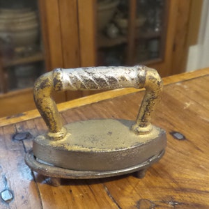 Antique Miniature Toy SAD IRON and TRIVET Wood Handle, Cast Iron Trivet, 2-Piece, Original Paint