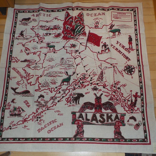 NAPPE Souvenir vintage en tissu de cactus ALASKA, Carte de l’État, 38"x38 »